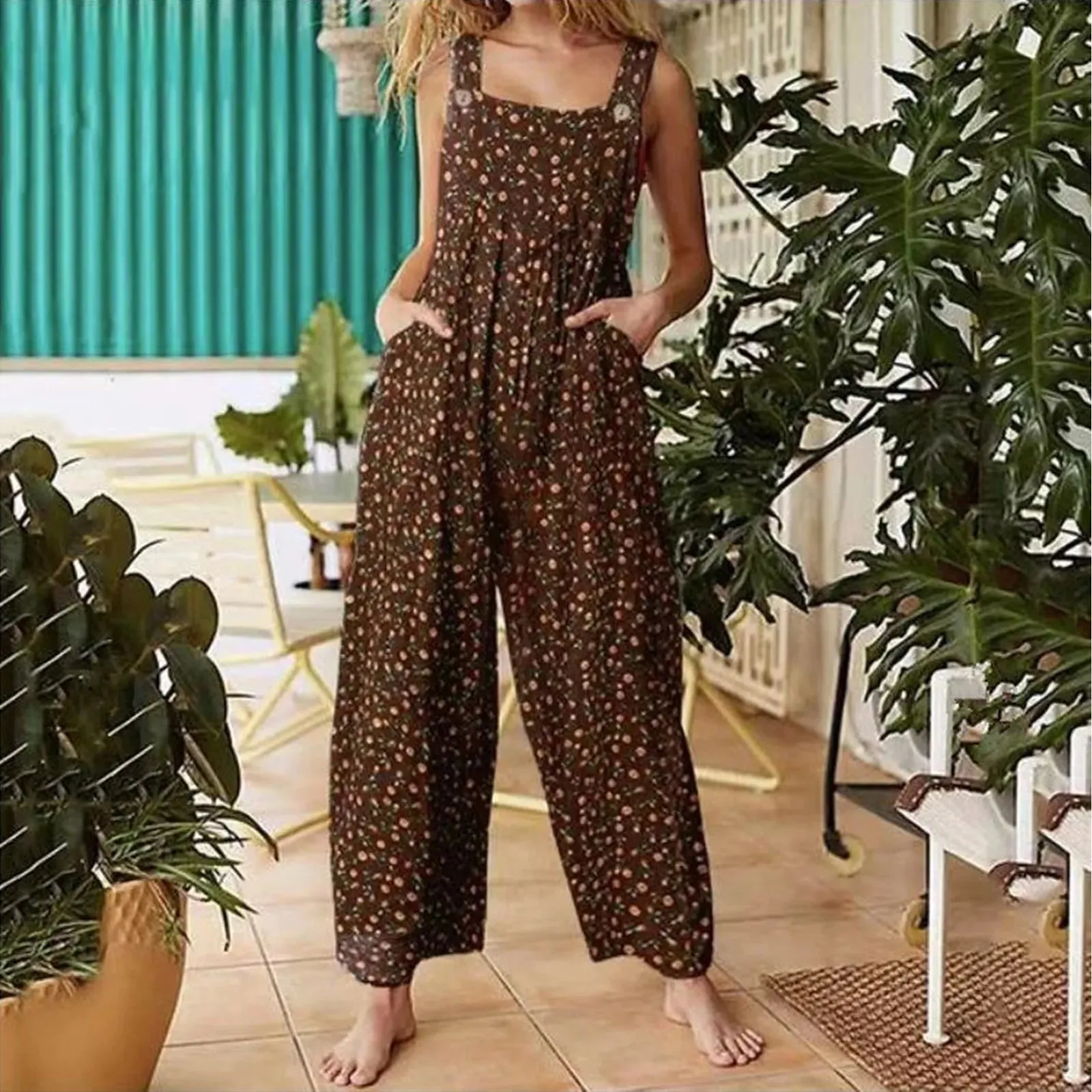 Ethnic Style Patchwork Floral Printed Retro Jumpsuit With Button And Pocket Fashion Colorful Adjustable Strap Pants