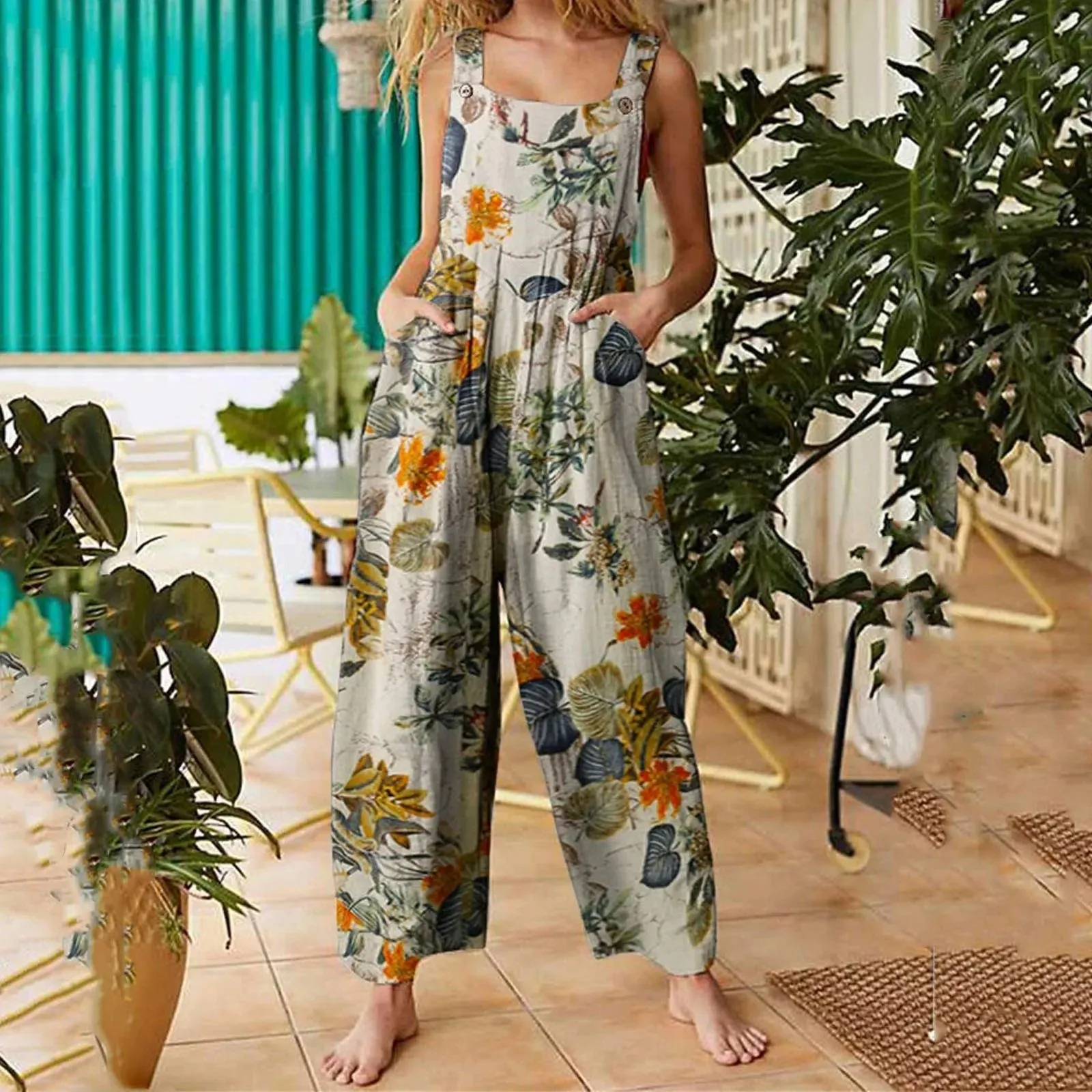 Ethnic Style Patchwork Floral Printed Retro Jumpsuit With Button And Pocket Fashion Colorful Adjustable Strap Pants