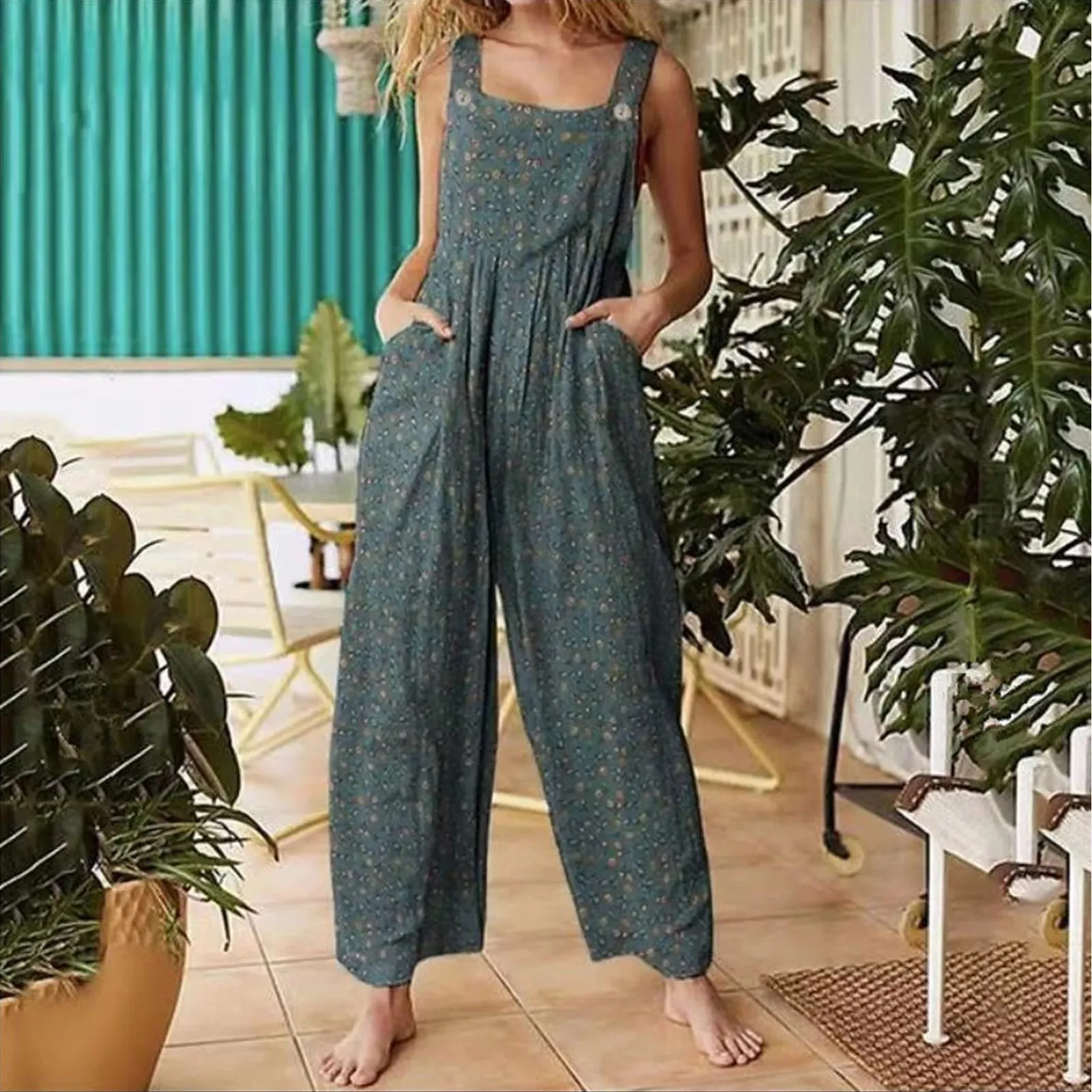 Ethnic Style Patchwork Floral Printed Retro Jumpsuit With Button And Pocket Fashion Colorful Adjustable Strap Pants