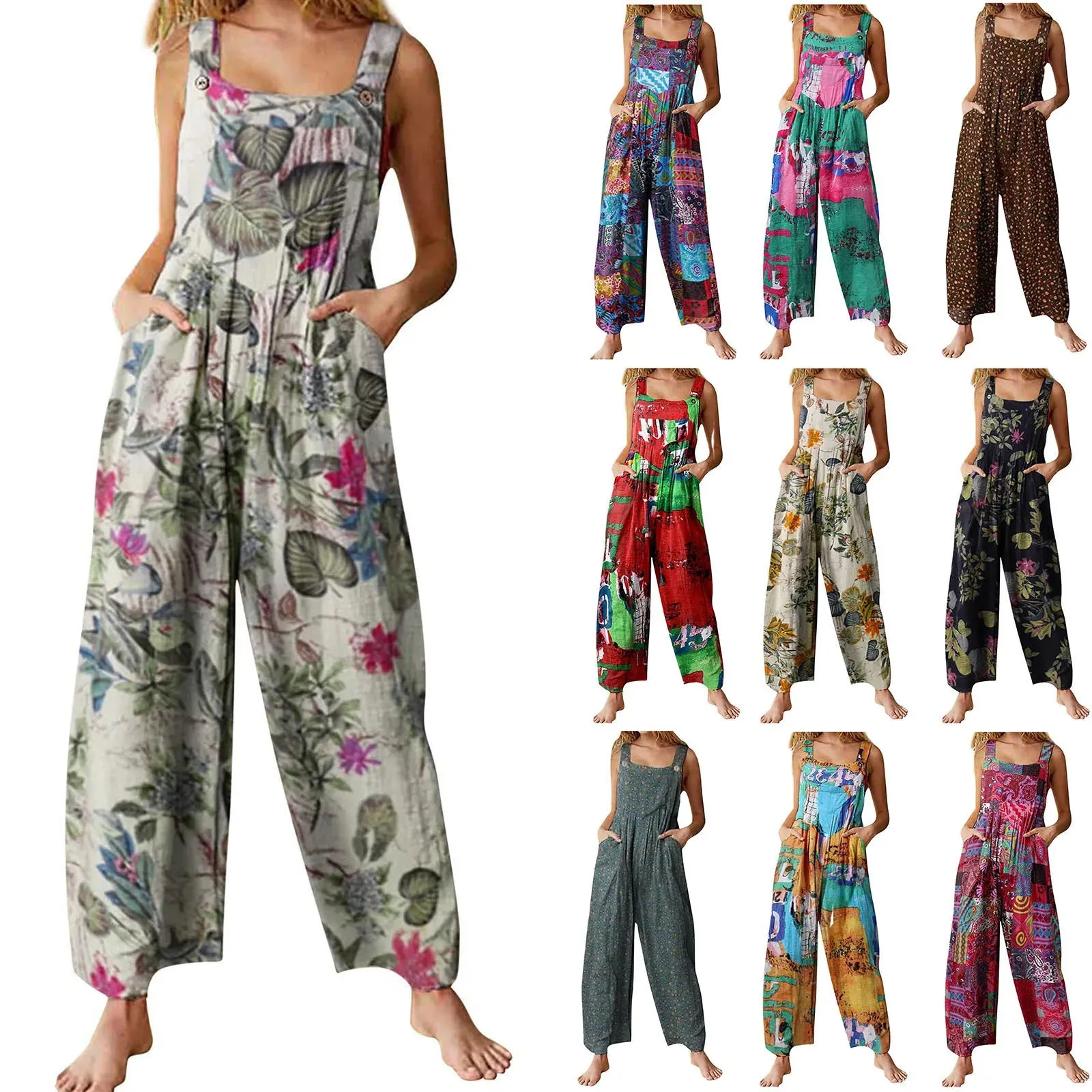 Ethnic Style Patchwork Floral Printed Retro Jumpsuit With Button And Pocket Fashion Colorful Adjustable Strap Pants