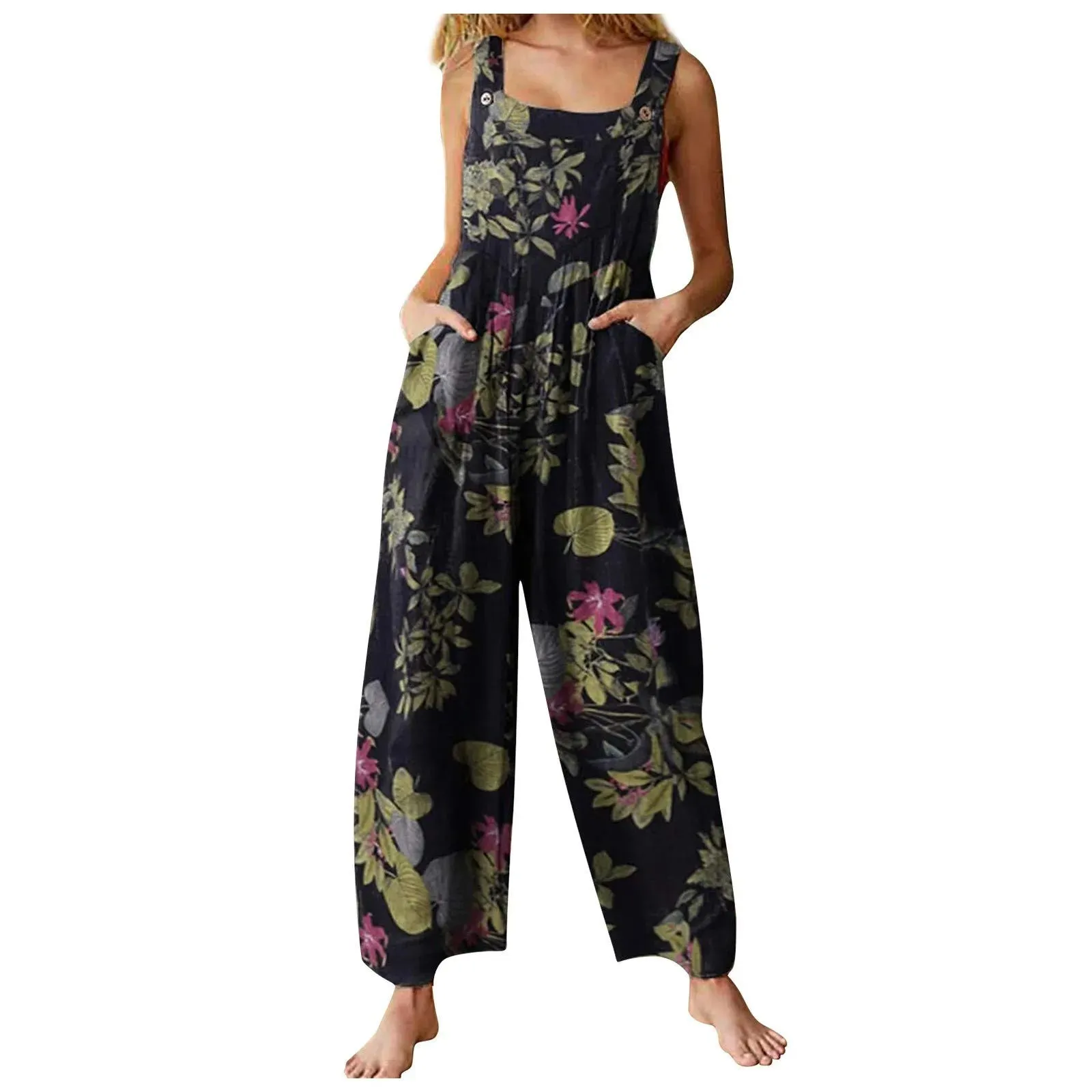 Ethnic Style Patchwork Floral Printed Retro Jumpsuit With Button And Pocket Fashion Colorful Adjustable Strap Pants