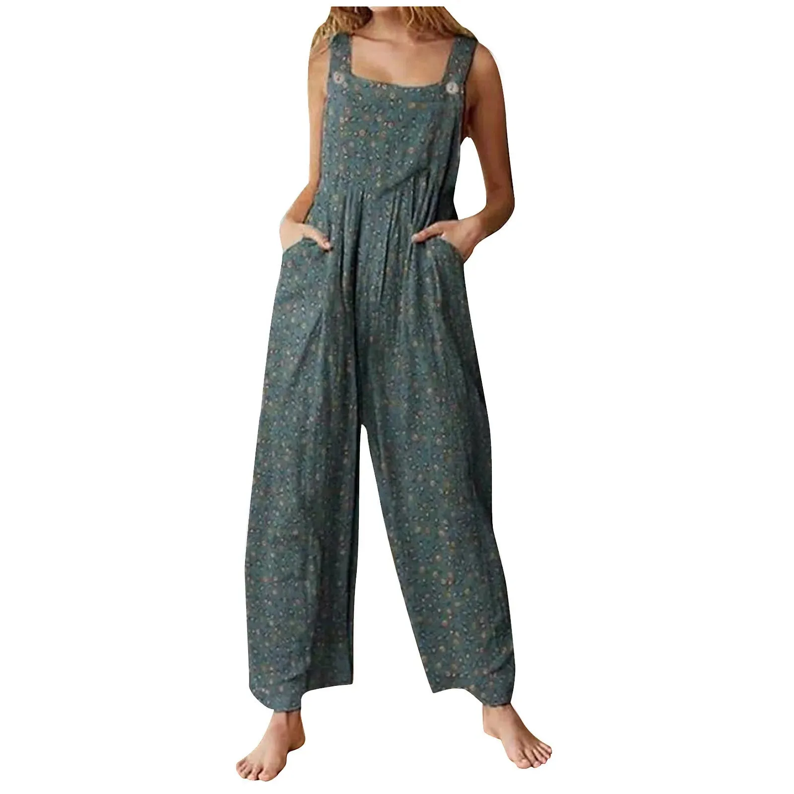 Ethnic Style Patchwork Floral Printed Retro Jumpsuit With Button And Pocket Fashion Colorful Adjustable Strap Pants