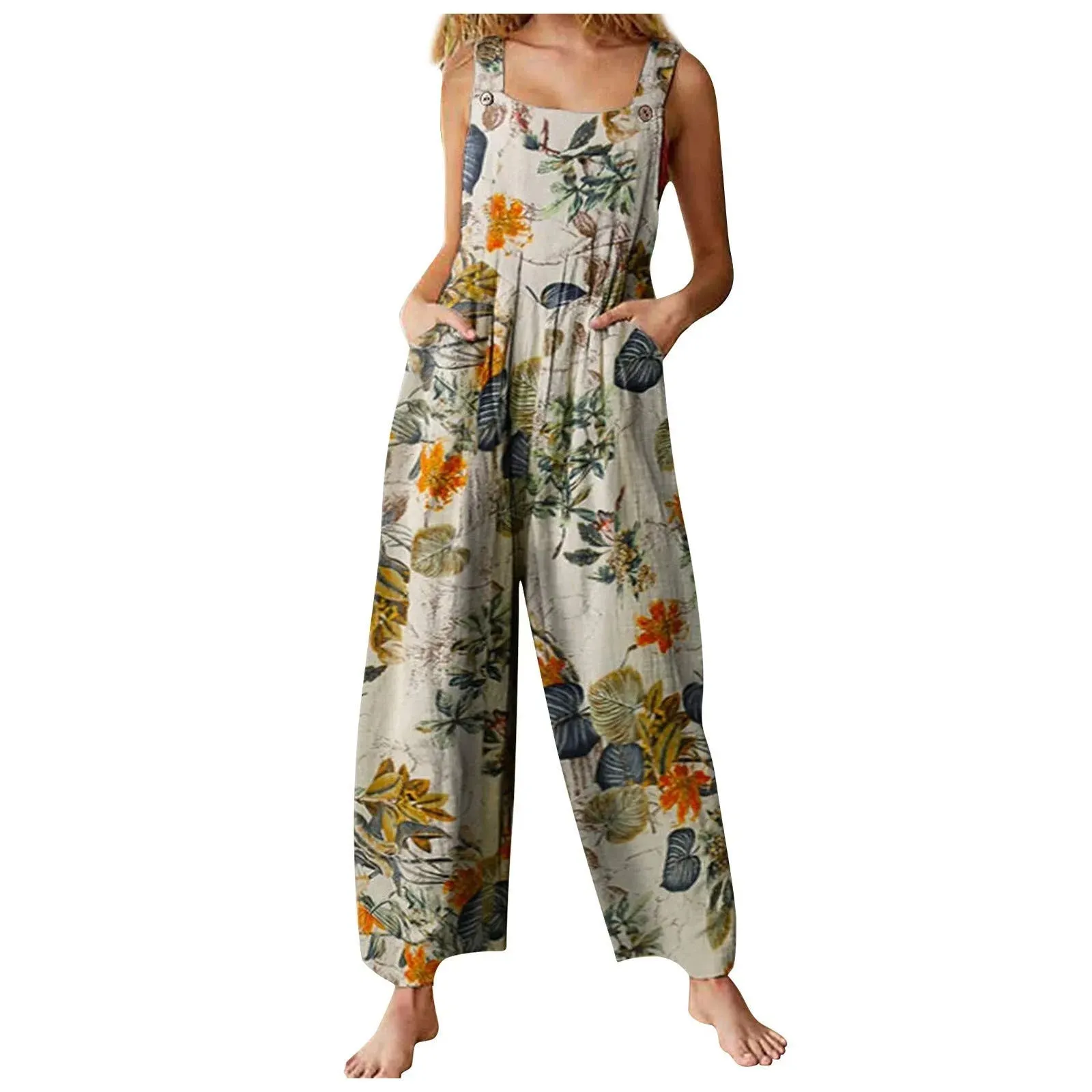 Ethnic Style Patchwork Floral Printed Retro Jumpsuit With Button And Pocket Fashion Colorful Adjustable Strap Pants