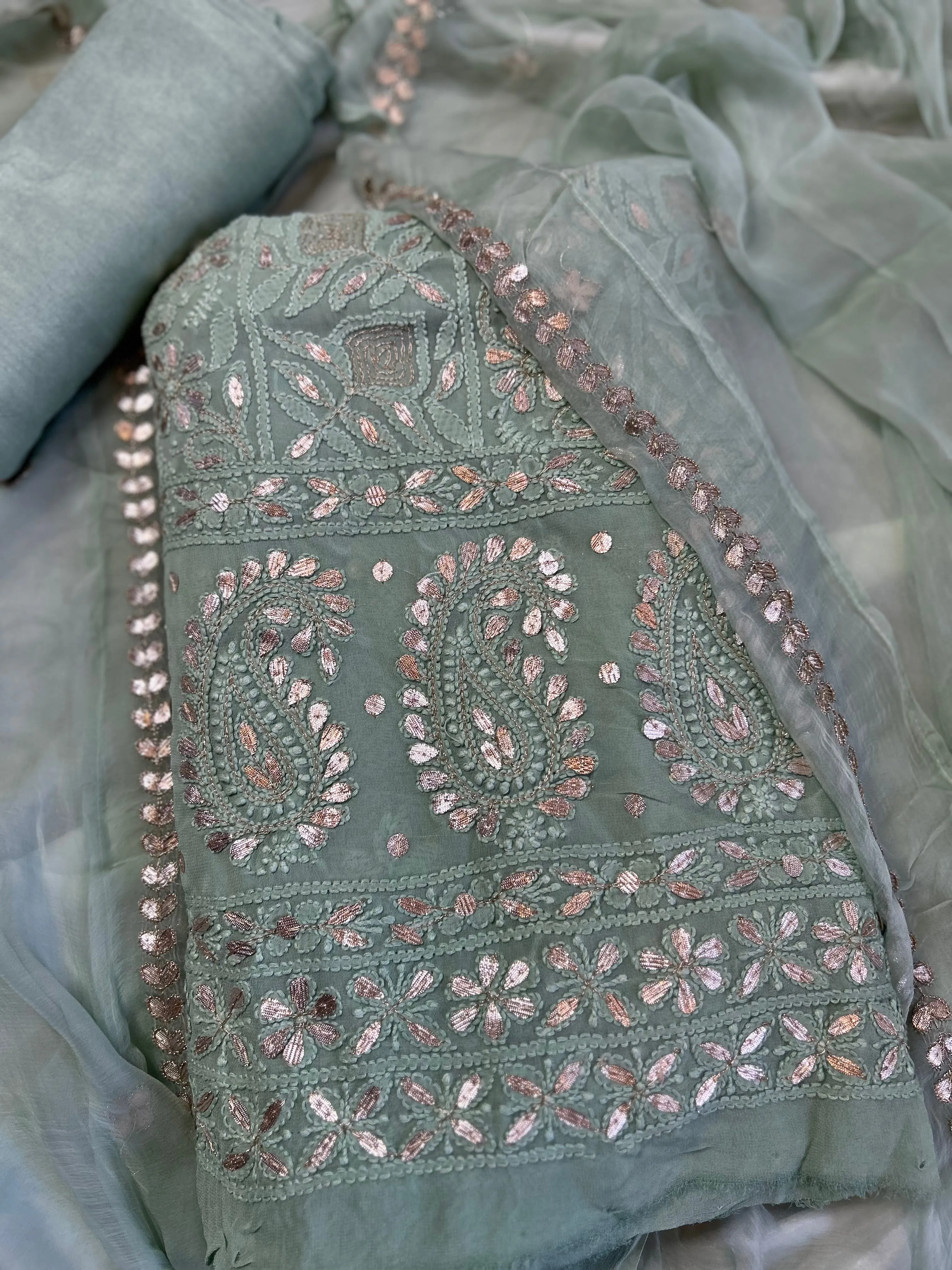 Fancy Chikankari Gota work Salwar kameez unstitched online in light green