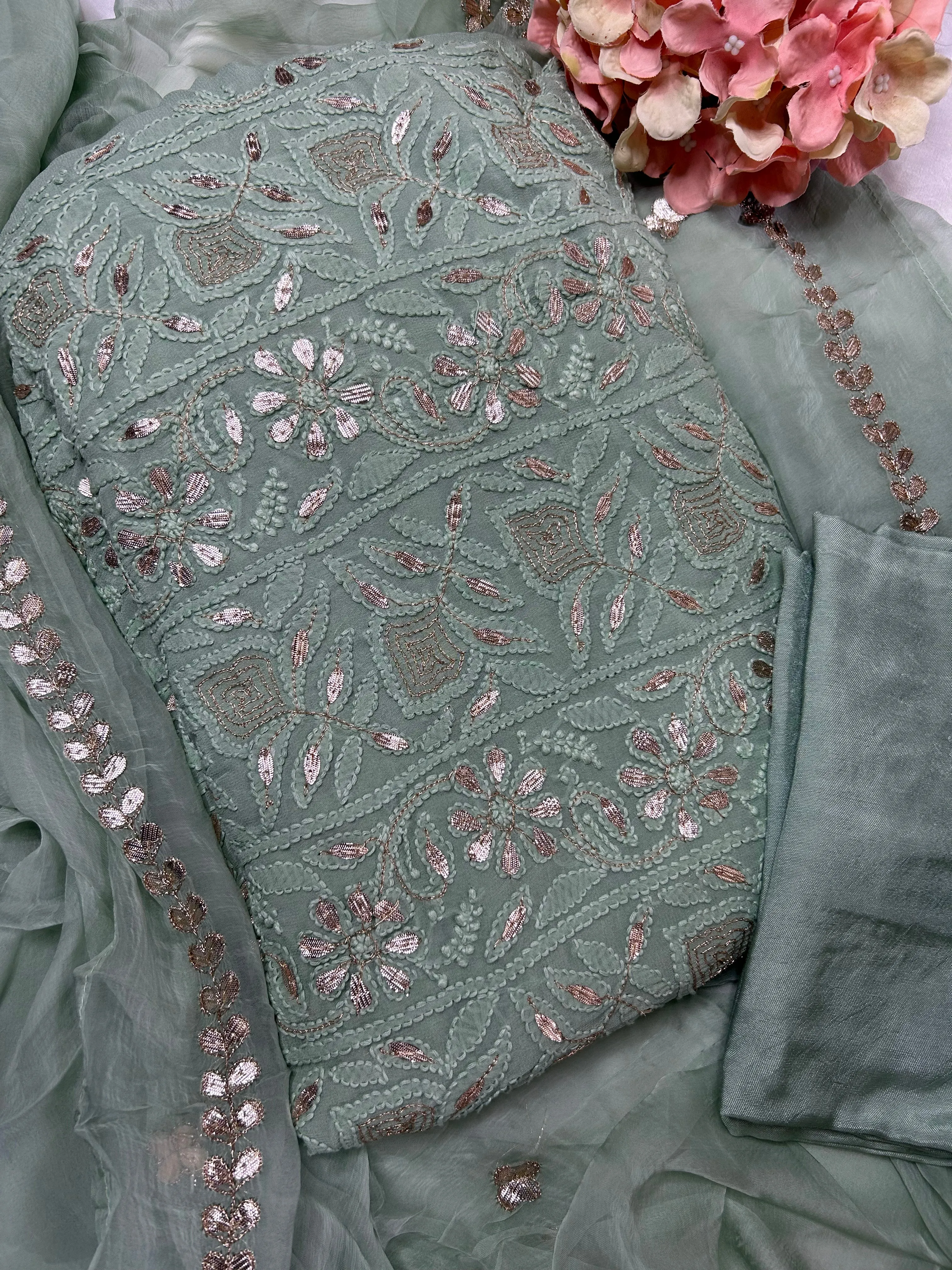 Fancy Chikankari Gota work Salwar kameez unstitched online in light green