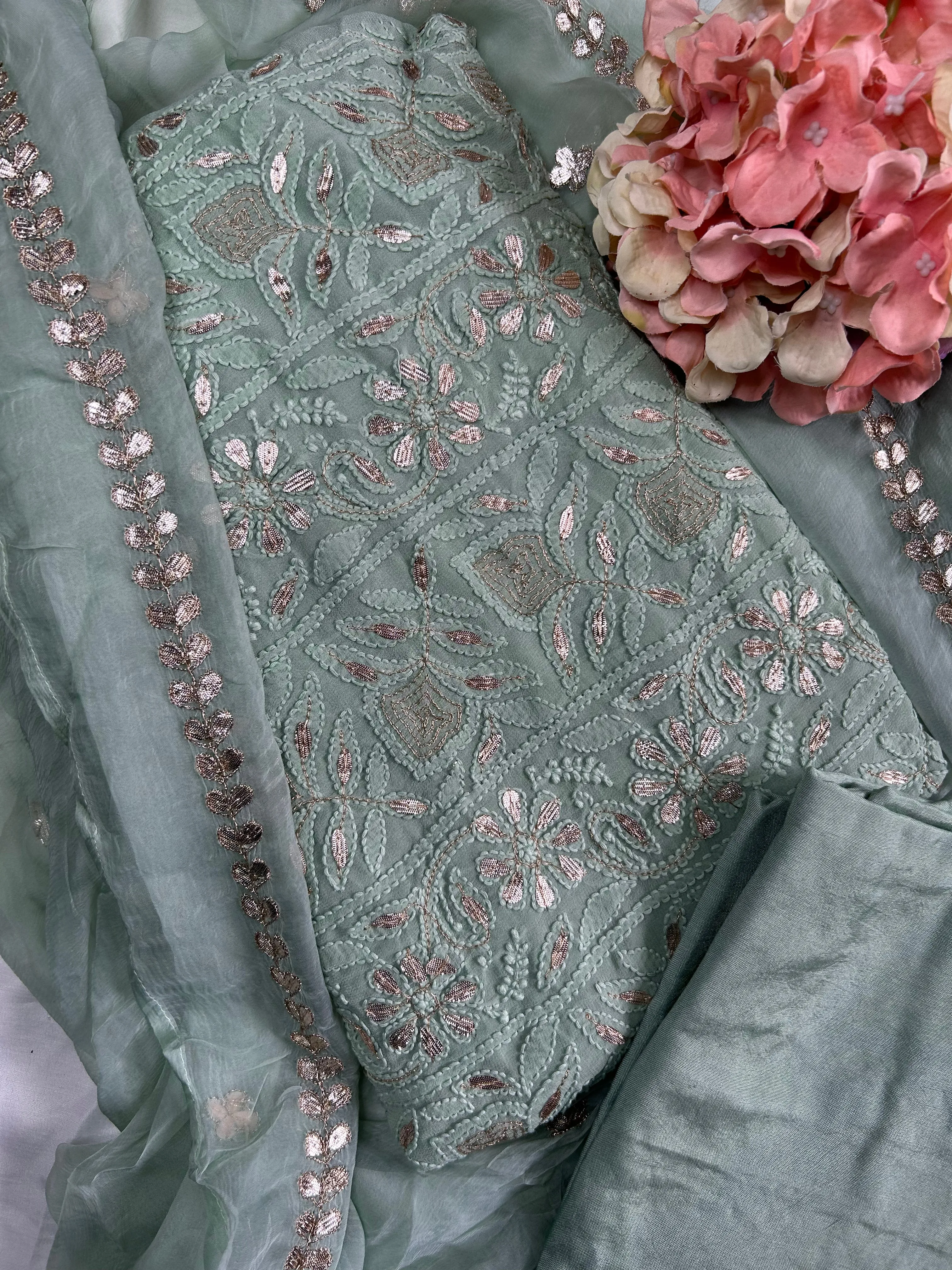 Fancy Chikankari Gota work Salwar kameez unstitched online in light green