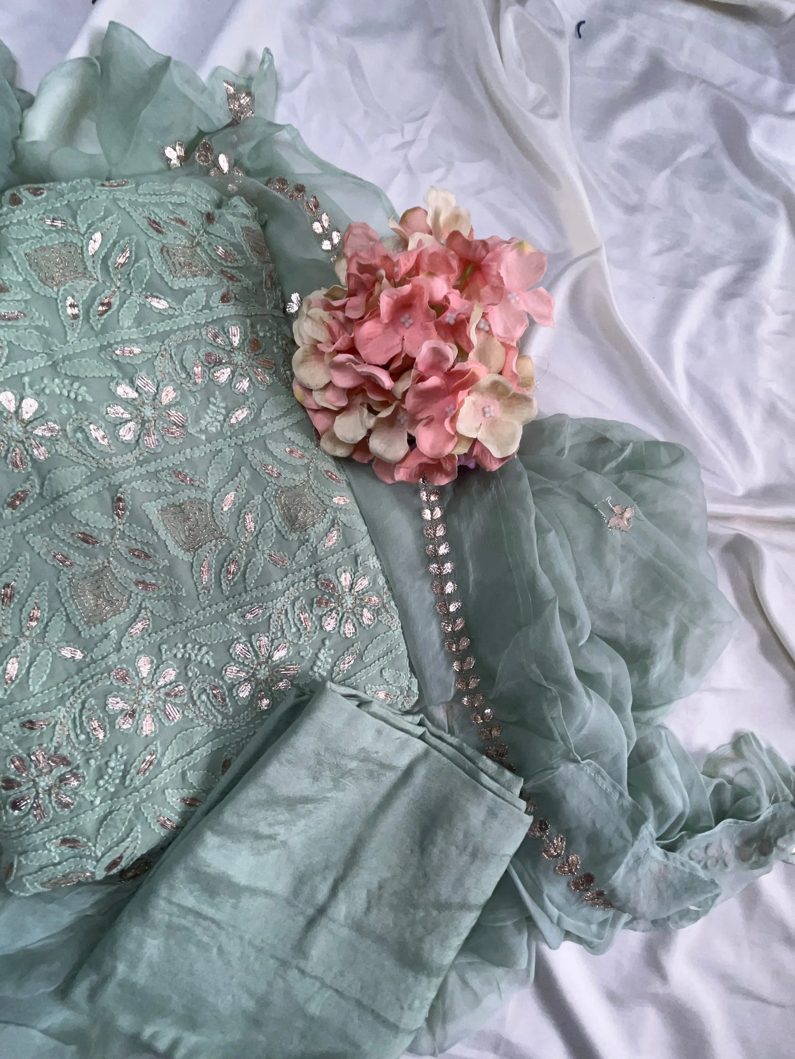 Fancy Chikankari Gota work Salwar kameez unstitched online in light green