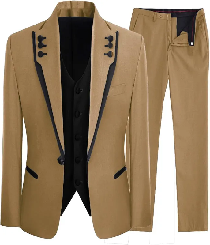 Fancy Light Brown Shawl Lapel Three Pieces Suits For Prom Wedding Coktail Attire Men