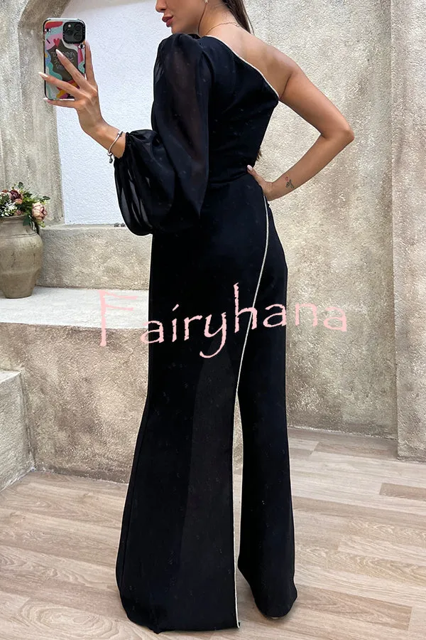 Fashion Diary Asymmetrical Design Diamond Trim One Shoulder Party Jumpsuit