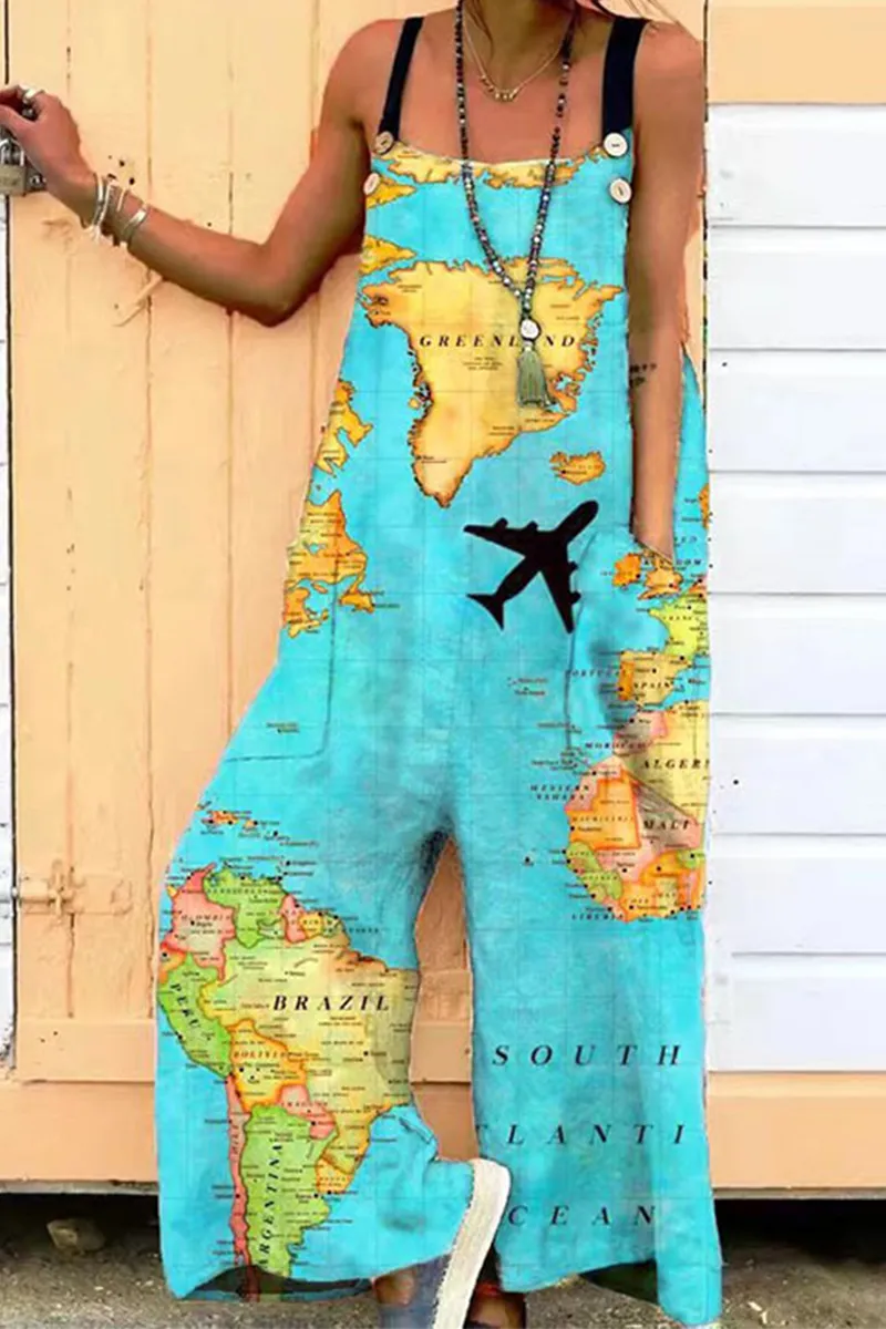 Fashion Print Square Collar Loose Jumpsuits(6 Colors)