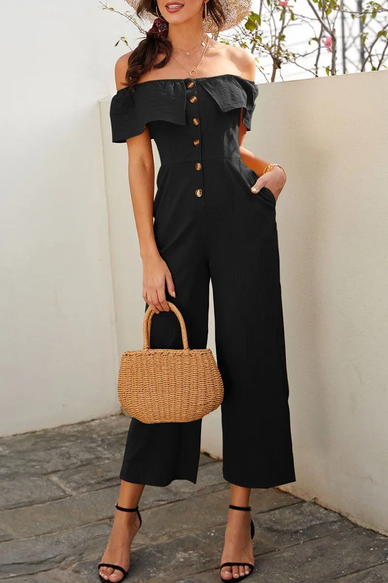 Fashion Street Solid Split Joint Off the Shoulder Loose Jumpsuits