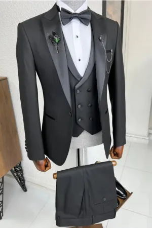 Formal Black Peaked Lapel 3 Piece Business Suit for Men