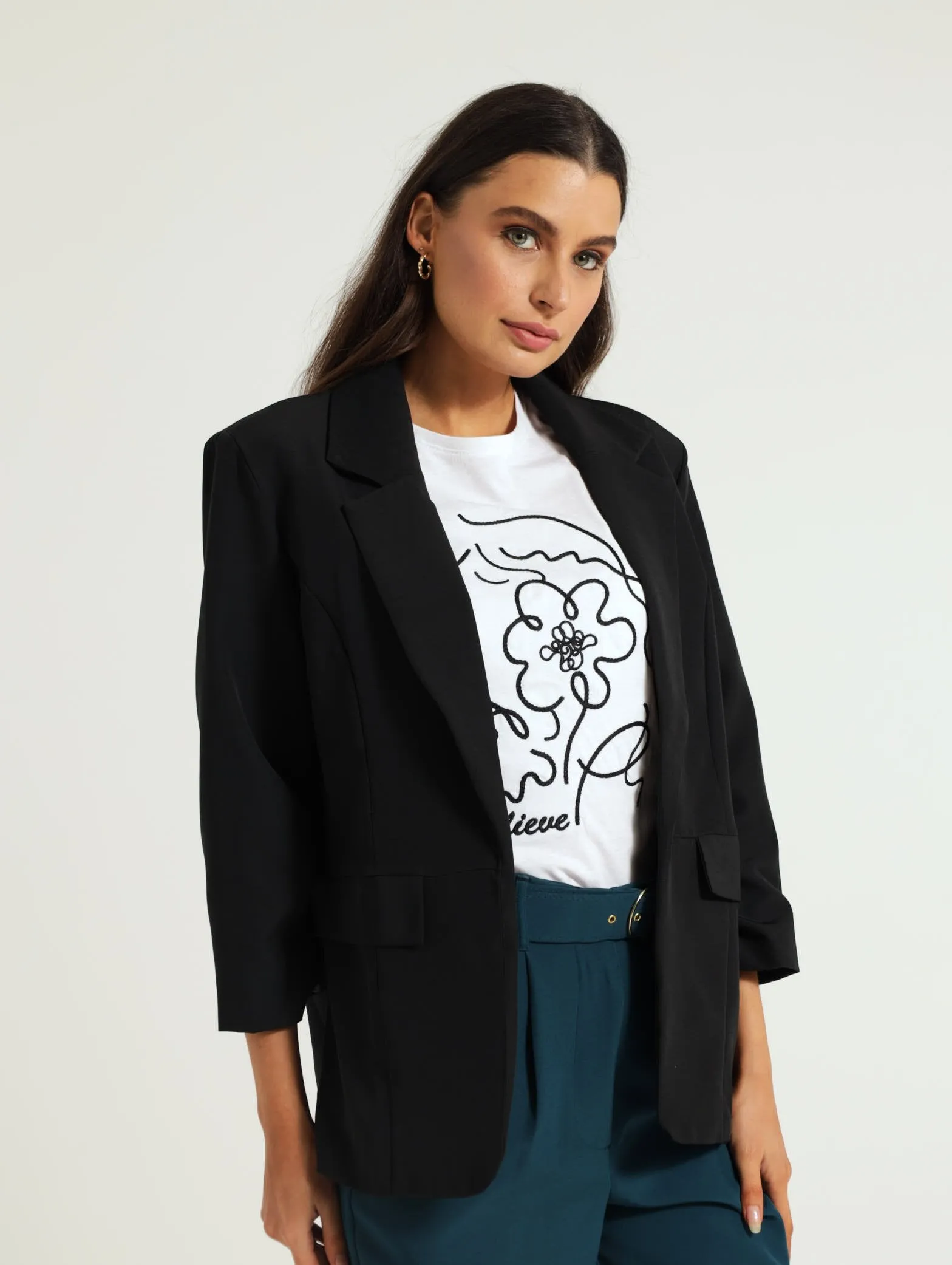 Gauged Sleeve Blazer - Black