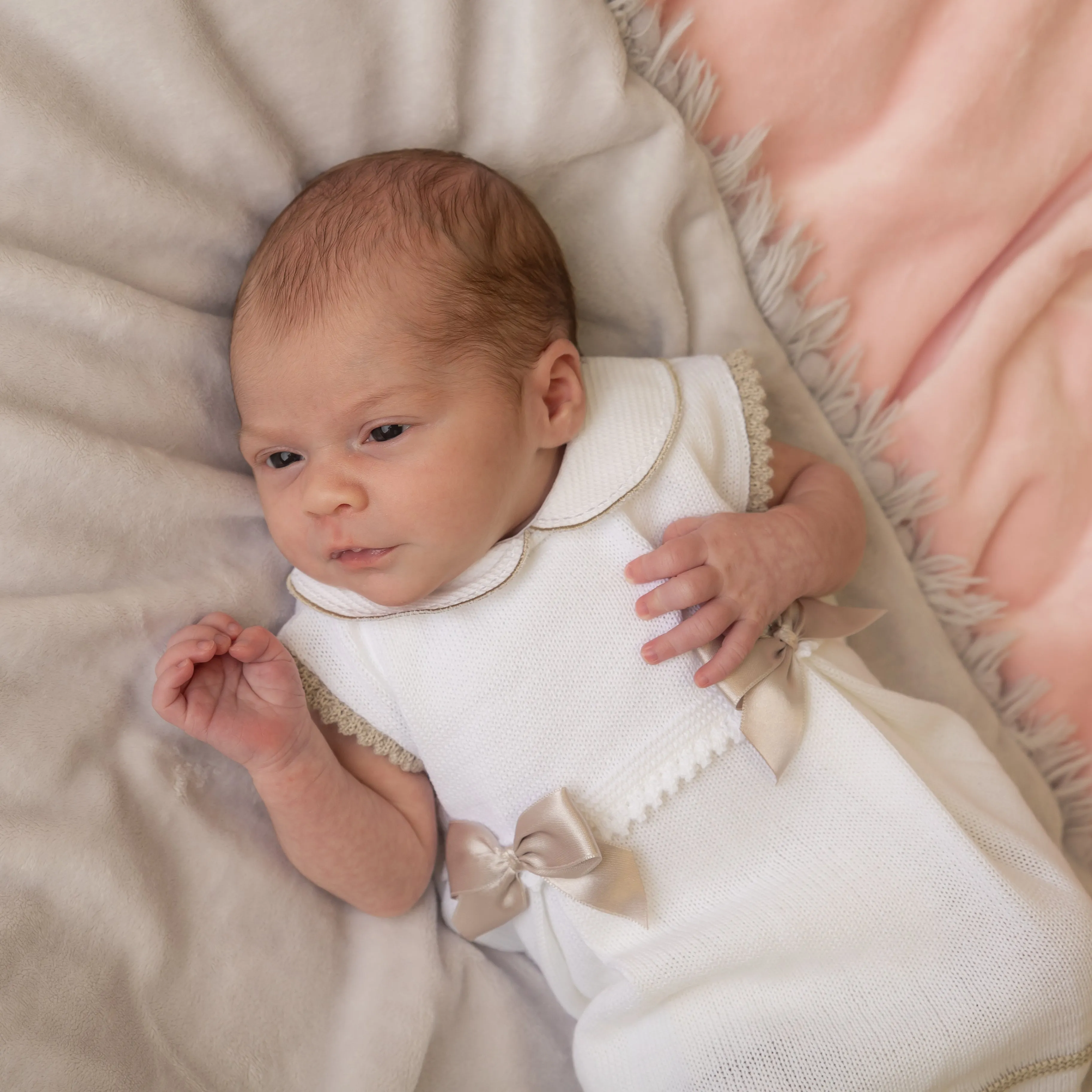 Girls White & Taupe Satin Bow Knitted Dress & Pants