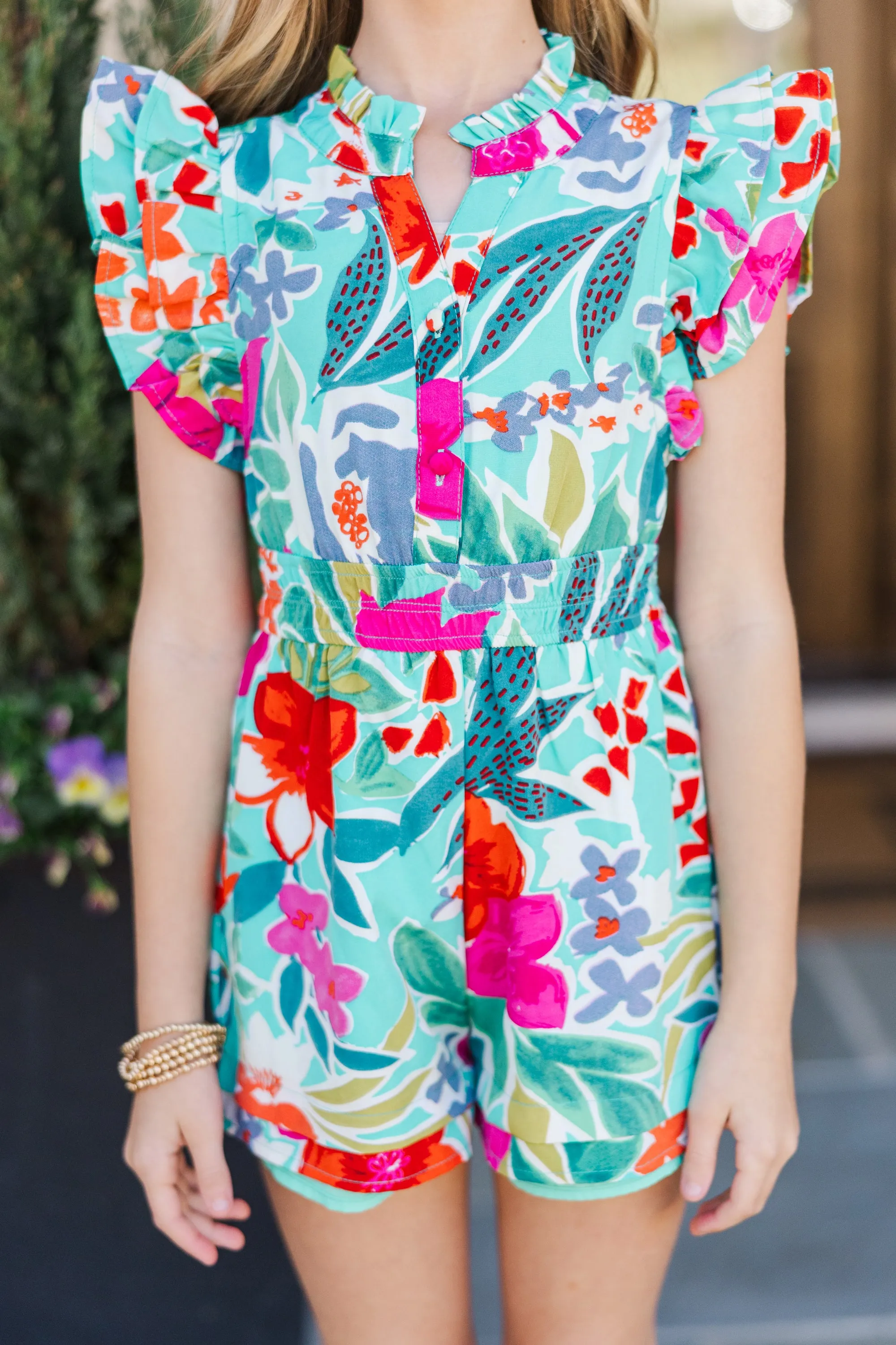 Girls: Wild Love Emerald Green Floral Romper
