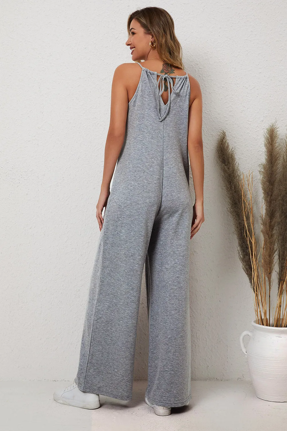 Gray Loose Fit Side Pockets Spaghetti Strap Wide Leg Jumpsuit