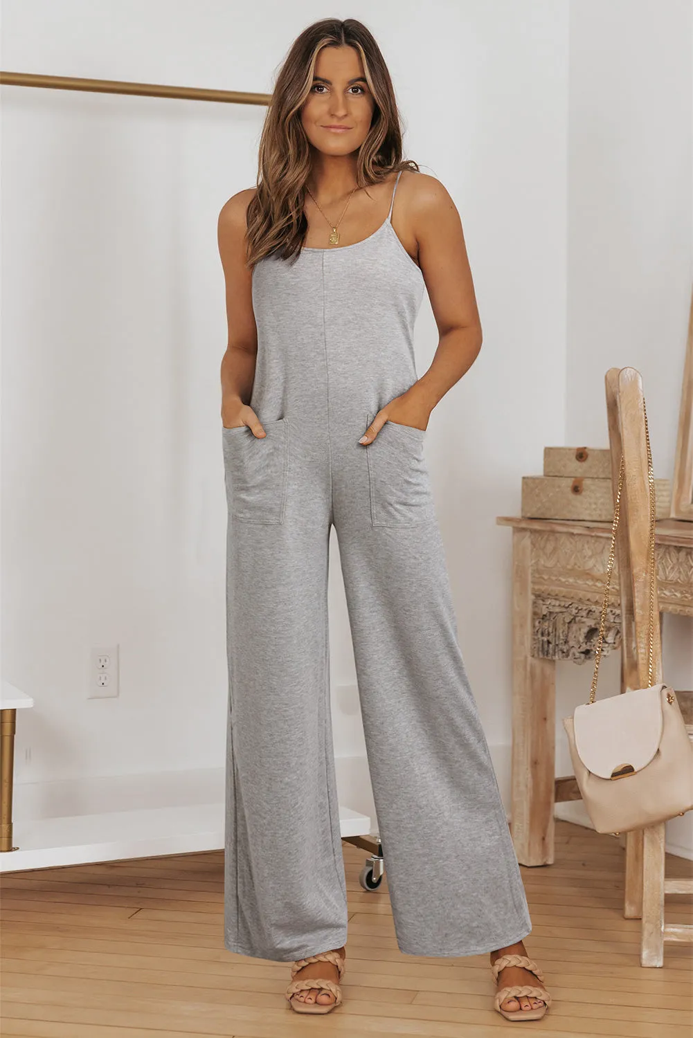 Gray Loose Fit Side Pockets Spaghetti Strap Wide Leg Jumpsuit