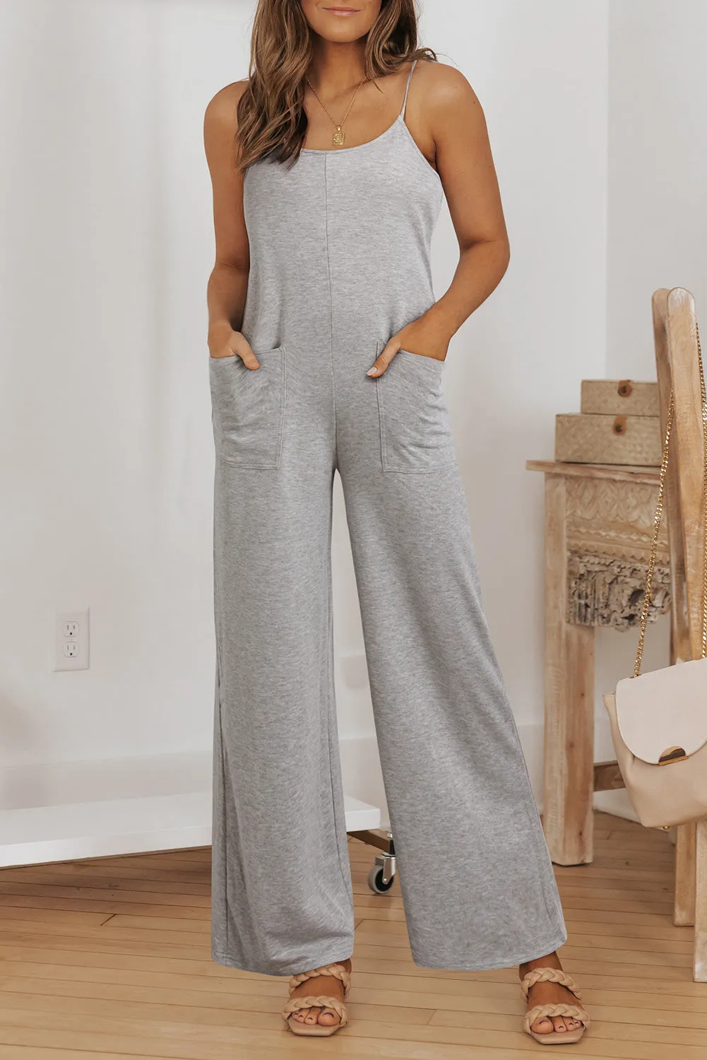 Gray Loose Fit Side Pockets Spaghetti Strap Wide Leg Jumpsuit