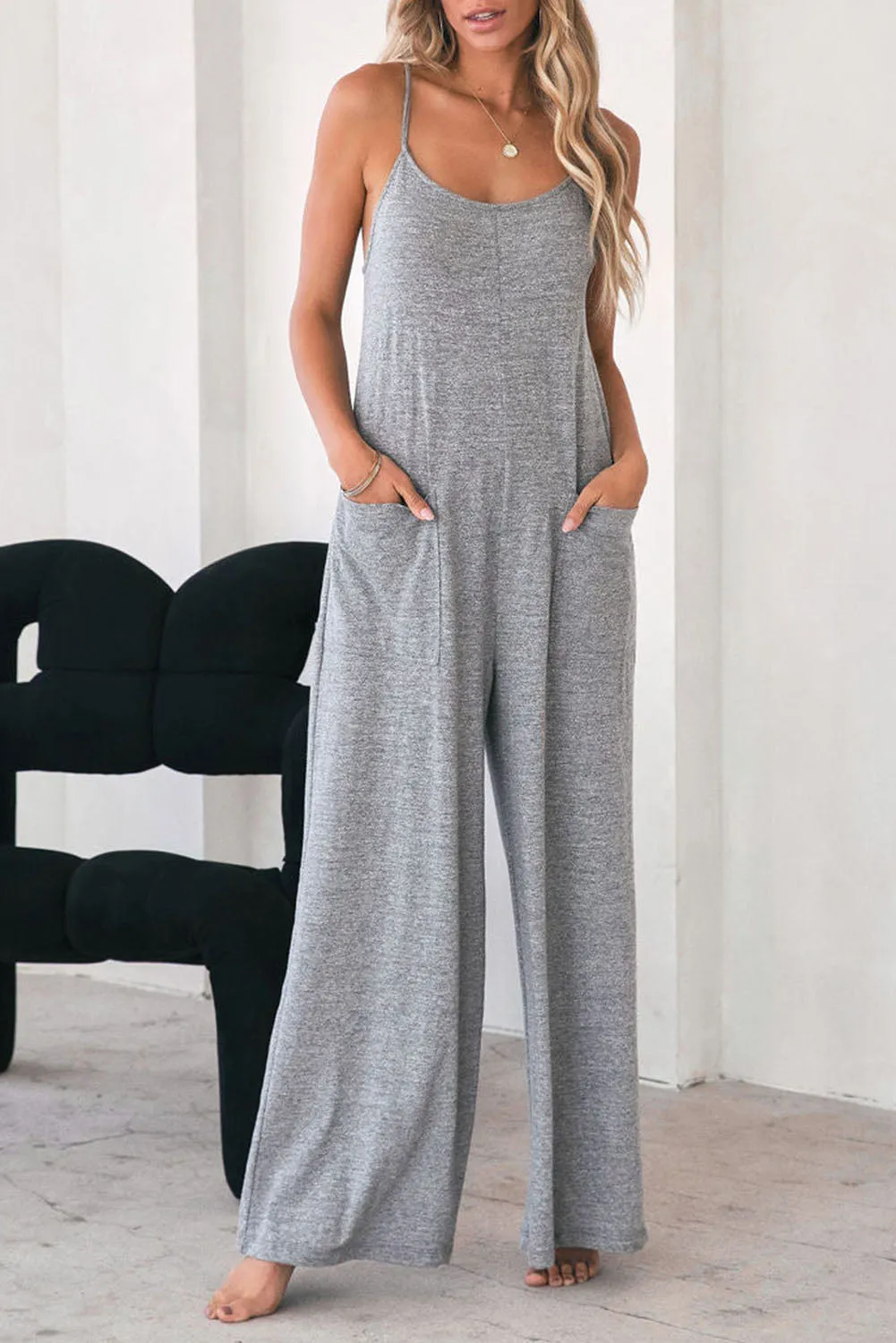 Gray Loose Fit Side Pockets Spaghetti Strap Wide Leg Jumpsuit