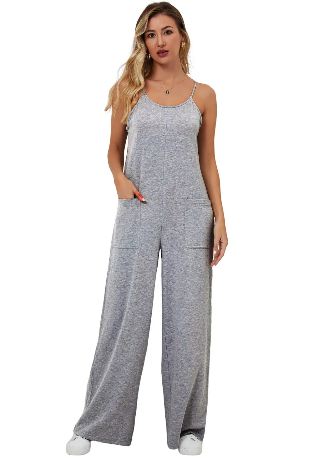 Gray Loose Fit Side Pockets Spaghetti Strap Wide Leg Jumpsuit