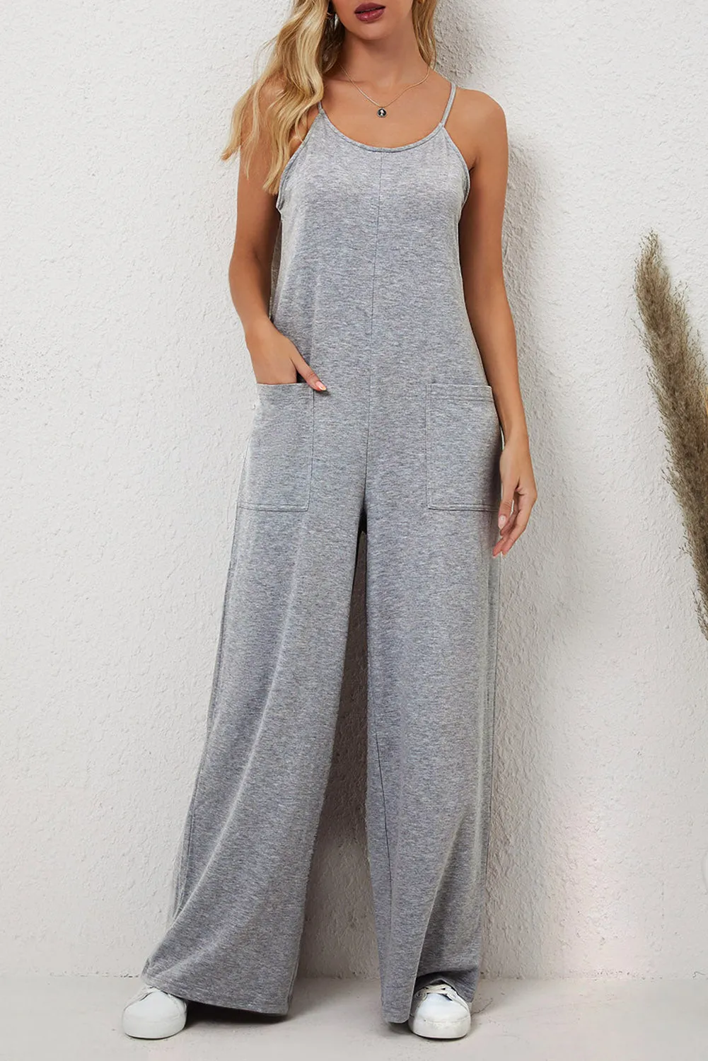 Gray Loose Fit Side Pockets Spaghetti Strap Wide Leg Jumpsuit