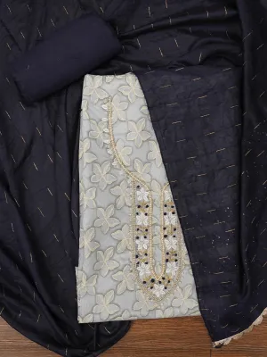 Grey Floral Printed Embellished Cotton Dress Material with Dupatta