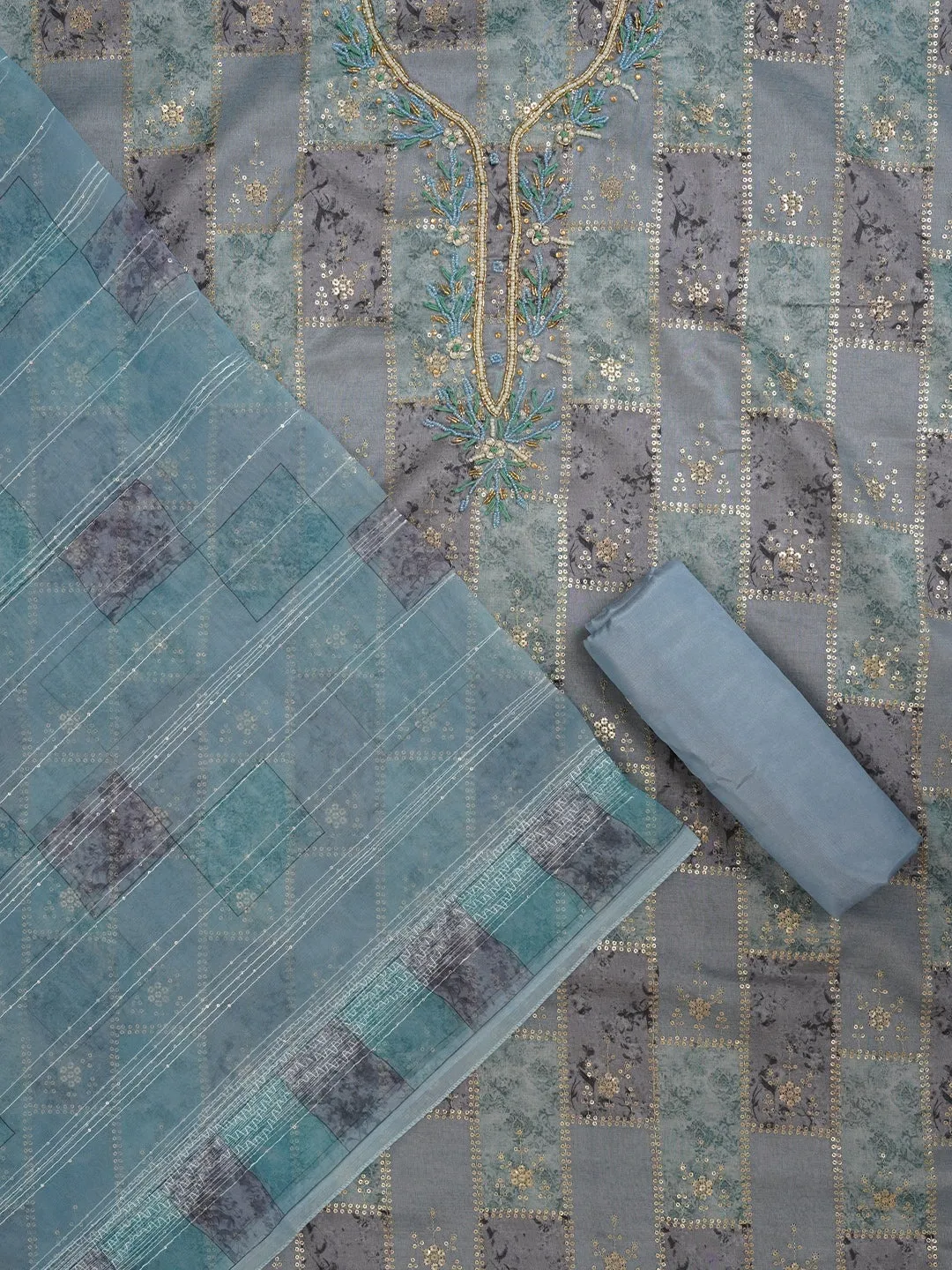 Grey Sequin Embellished Organza Dress Material With Dupatta