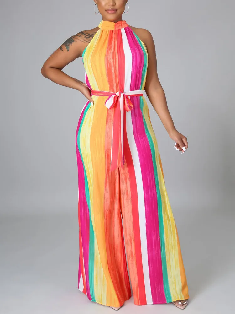 Halter Colorblock Jumpsuit With Belt