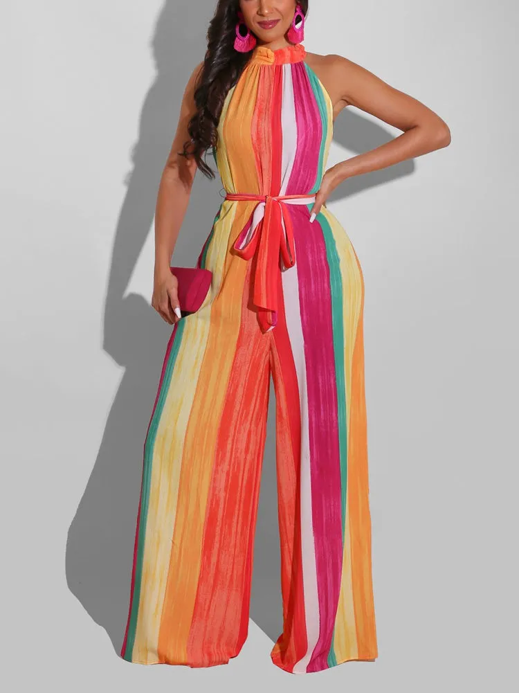Halter Colorblock Jumpsuit With Belt