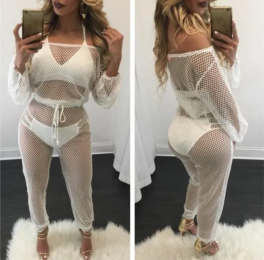 Hollow Out Beach Cover up loose Long Sleeve Bodycon Long Pants netting sexy black/white Jumpsuit plus size
