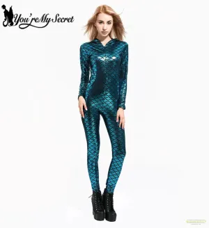 Hot Vintage Cosplay Costume For Women Sexy Female Fish Scale Hooded Bodysuit Lake Blue Colorful Party Jumpsuit