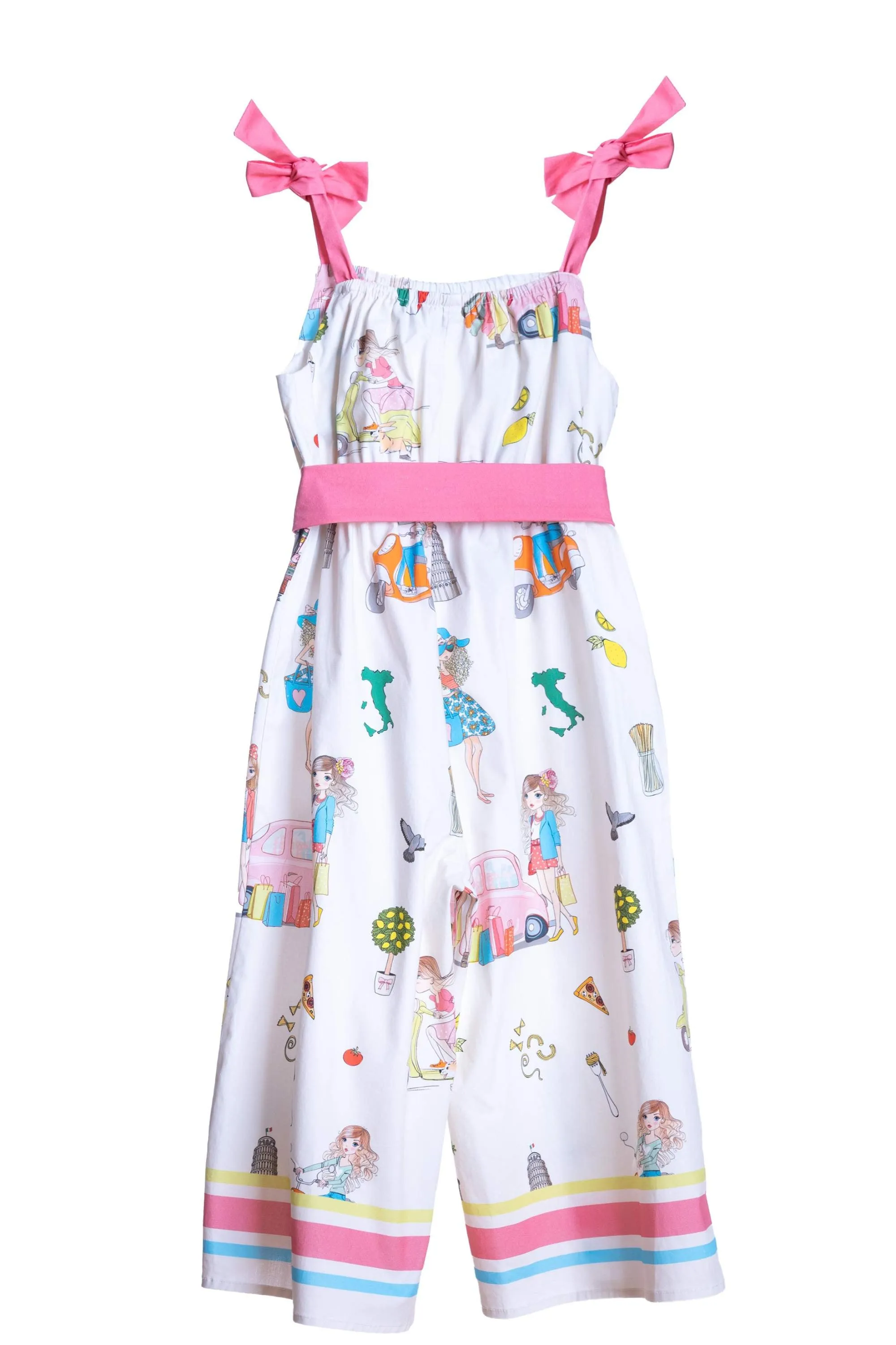 Ivory Ciao Italia satin cotton jumpsuit with pink belt and shoulder straps