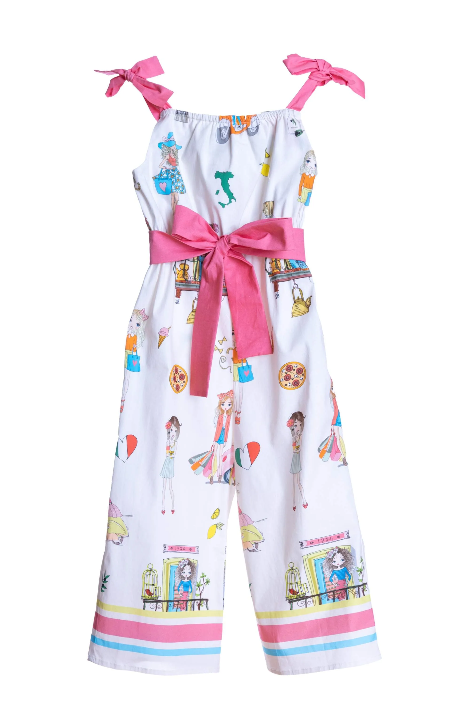 Ivory Ciao Italia satin cotton jumpsuit with pink belt and shoulder straps