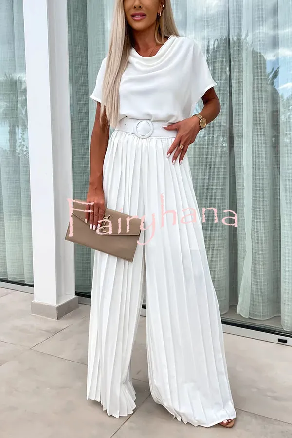 Ivy Cowl Neck Short Sleeve Belt Pleated Loose Wide Leg Jumpsuit