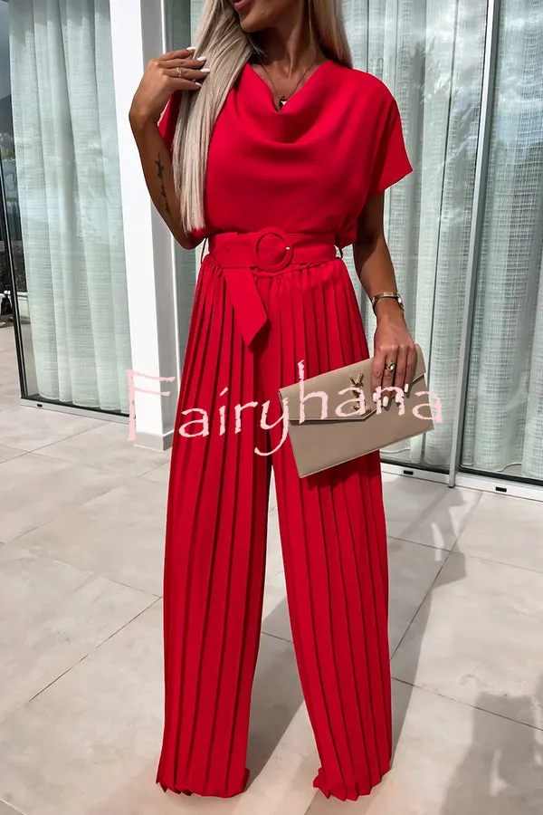 Ivy Cowl Neck Short Sleeve Belt Pleated Loose Wide Leg Jumpsuit