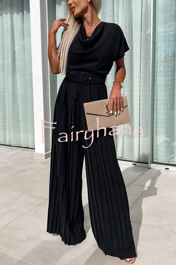 Ivy Cowl Neck Short Sleeve Belt Pleated Loose Wide Leg Jumpsuit