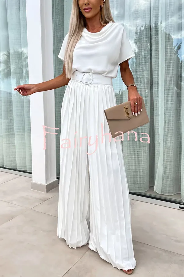 Ivy Cowl Neck Short Sleeve Belt Pleated Loose Wide Leg Jumpsuit