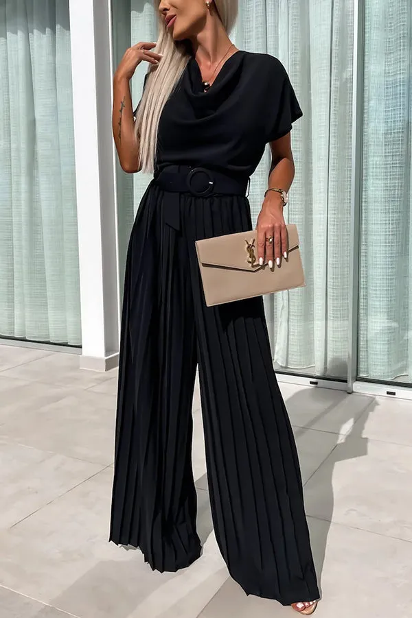 Ivy Cowl Neck Short Sleeve Belt Pleated Loose Wide Leg Jumpsuit