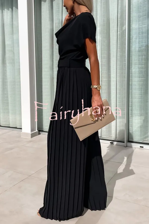 Ivy Cowl Neck Short Sleeve Belt Pleated Loose Wide Leg Jumpsuit
