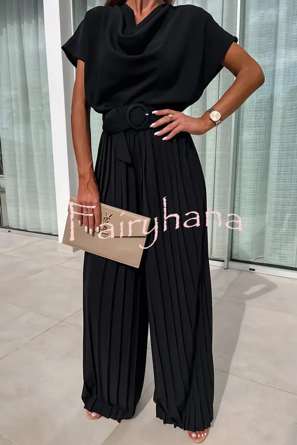 Ivy Cowl Neck Short Sleeve Belt Pleated Loose Wide Leg Jumpsuit
