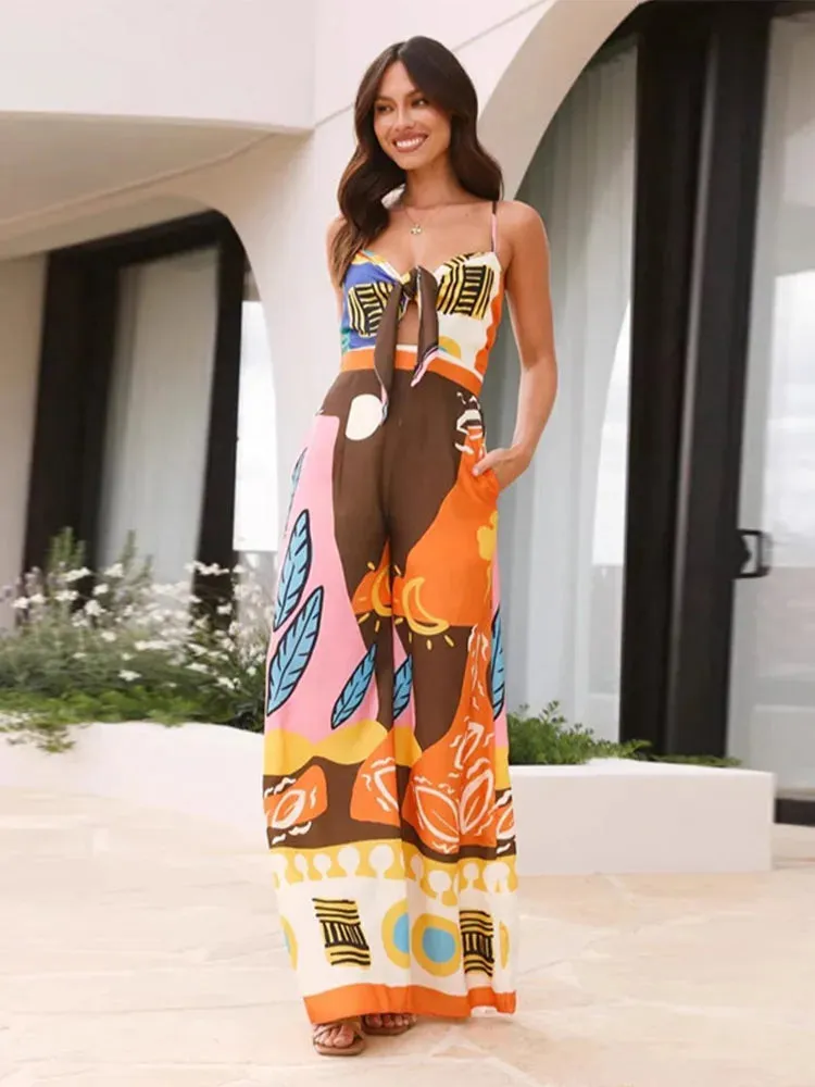JazzHer 2025 New Jumpsuit Women's Fashion Printed Lace Up V-neck Beach Romper Summer Casual Suspender Female Straight Leg Jumpsuits