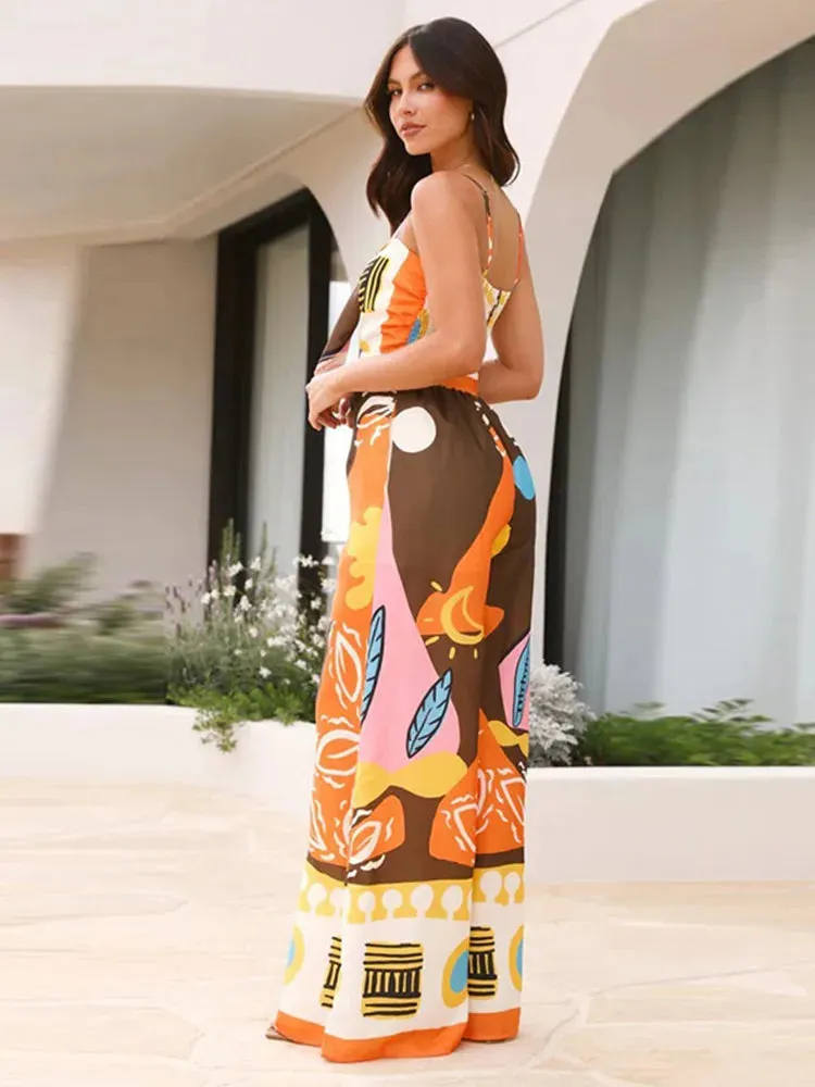 JazzHer 2025 New Jumpsuit Women's Fashion Printed Lace Up V-neck Beach Romper Summer Casual Suspender Female Straight Leg Jumpsuits