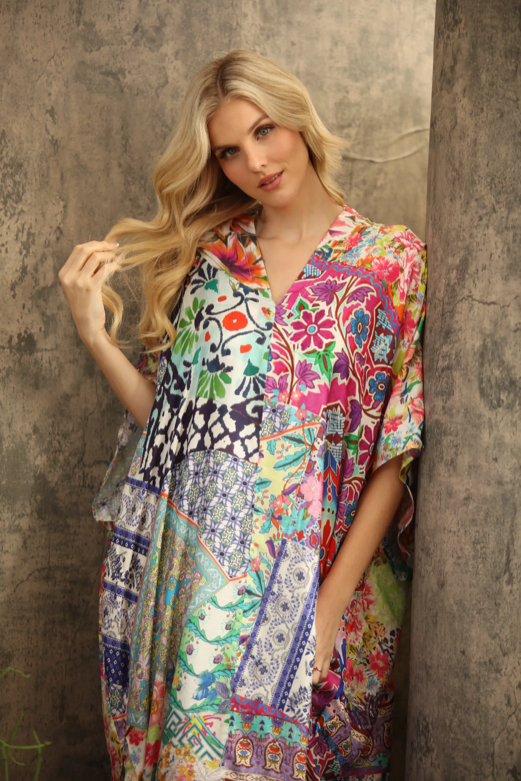 Johnny Was Loci Patchwork Kaftan Swim Cover-Up Dress CSW7322AN