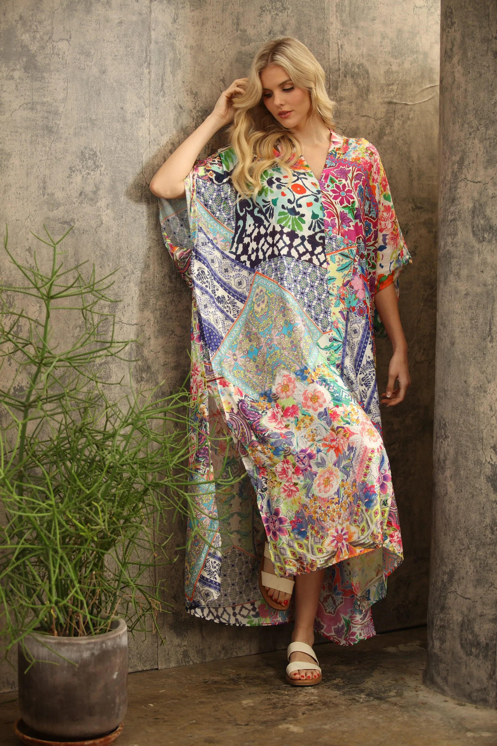 Johnny Was Loci Patchwork Kaftan Swim Cover-Up Dress CSW7322AN