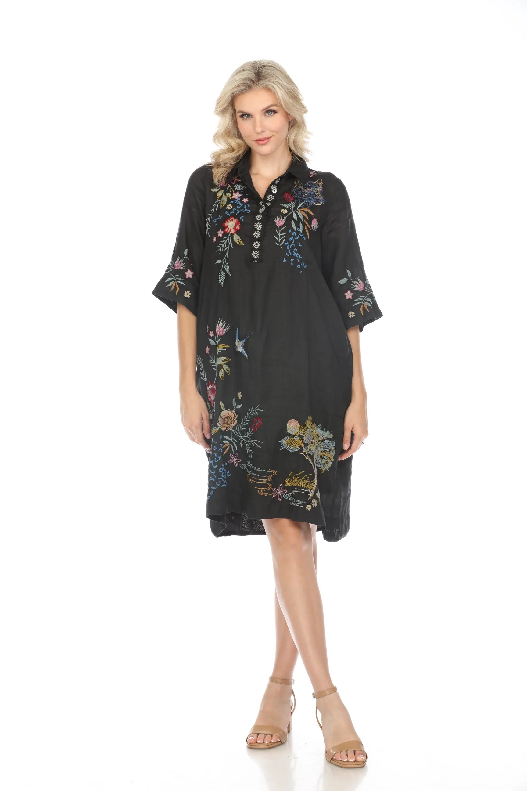 Johnny Was Workshop Black Indalo Henley Kimono Sleeve Dress W33024
