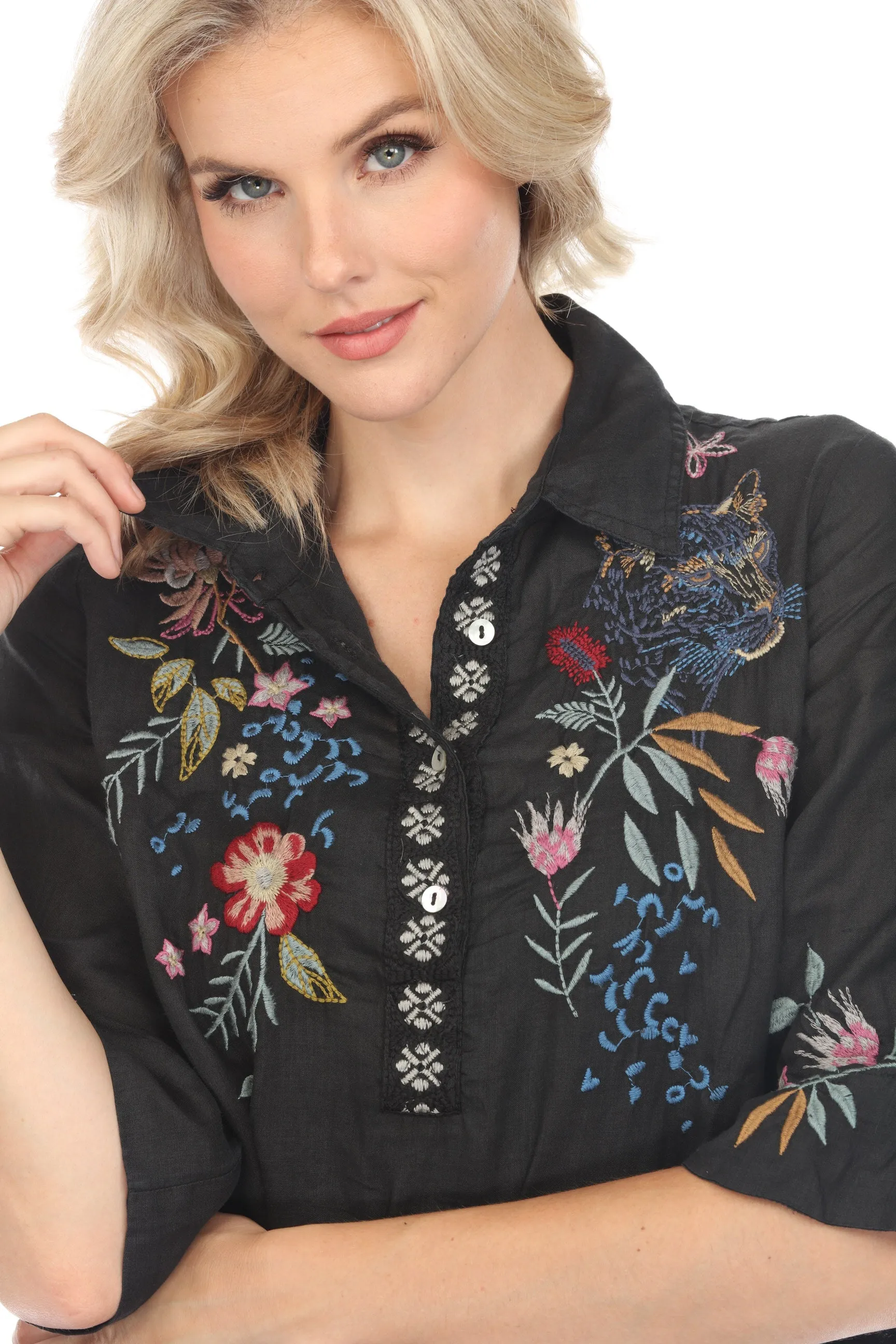 Johnny Was Workshop Black Indalo Henley Kimono Sleeve Dress W33024