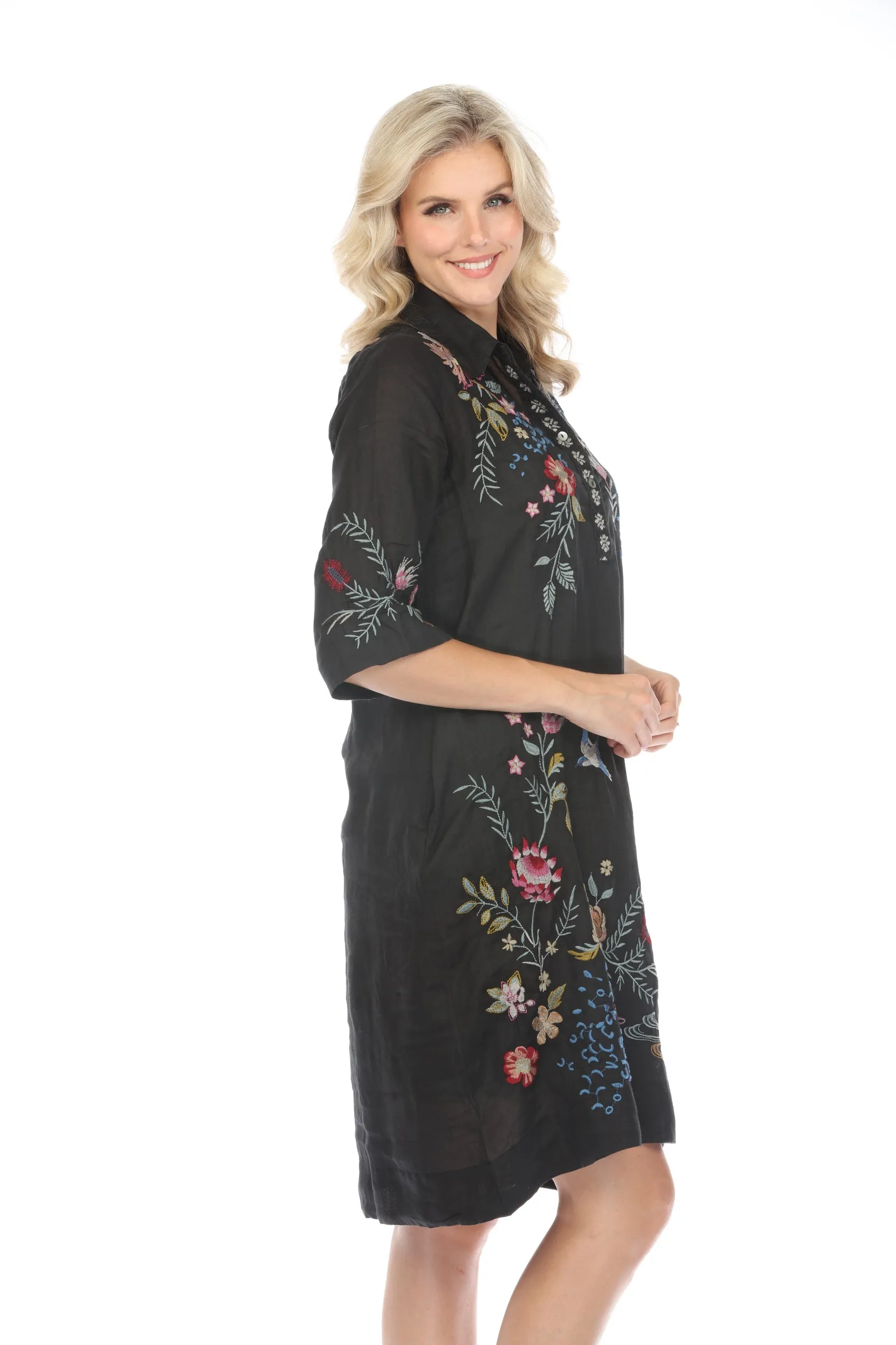 Johnny Was Workshop Black Indalo Henley Kimono Sleeve Dress W33024