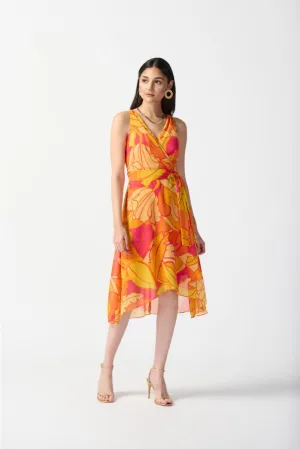 Joseph Ribkoff Pink/Multi Tropical Print Faux Wrap Midi Fit & Flare Dress 242015