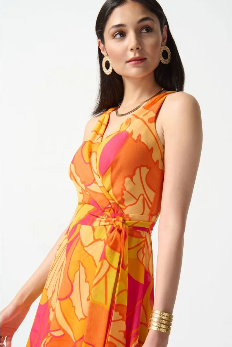 Joseph Ribkoff Pink/Multi Tropical Print Faux Wrap Midi Fit & Flare Dress 242015