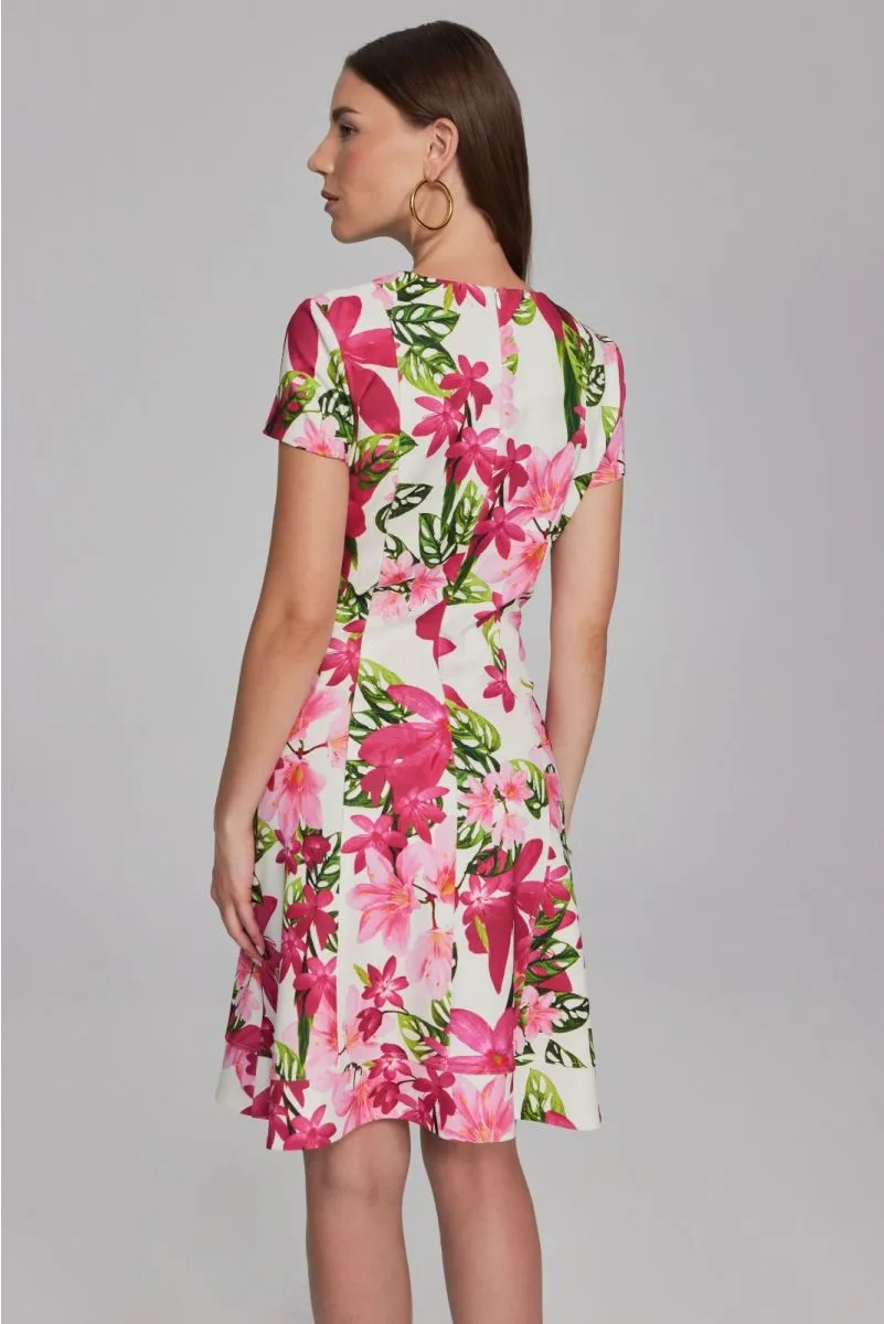 Joseph Ribkoff Vanilla/Multi Floral Print Short Sleeve Fit and Flare Dress 241789